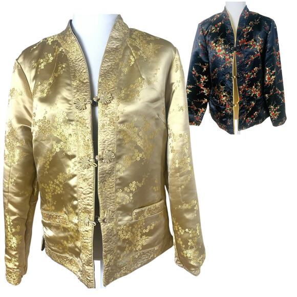 Vintage Chinese Sz L Style Gold Silky Reversible Jacket Floral Embroidered Retro - Picture 1 of 16